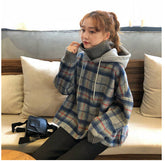 Two Style Plaid Hooded With Turtleneck Sweatshirt